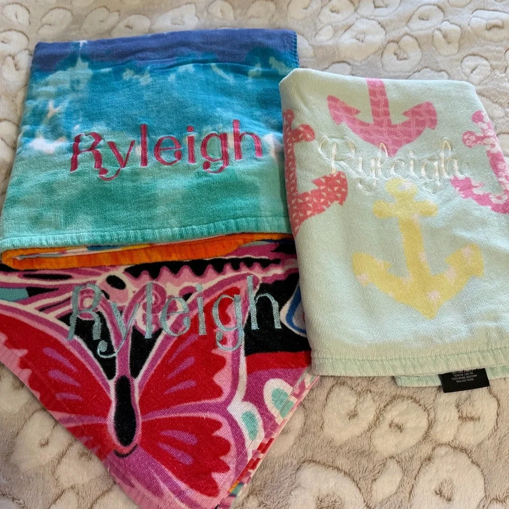 RYLEIGH embroidered personalized 3 beach towels summer anchors tie dye butterfly